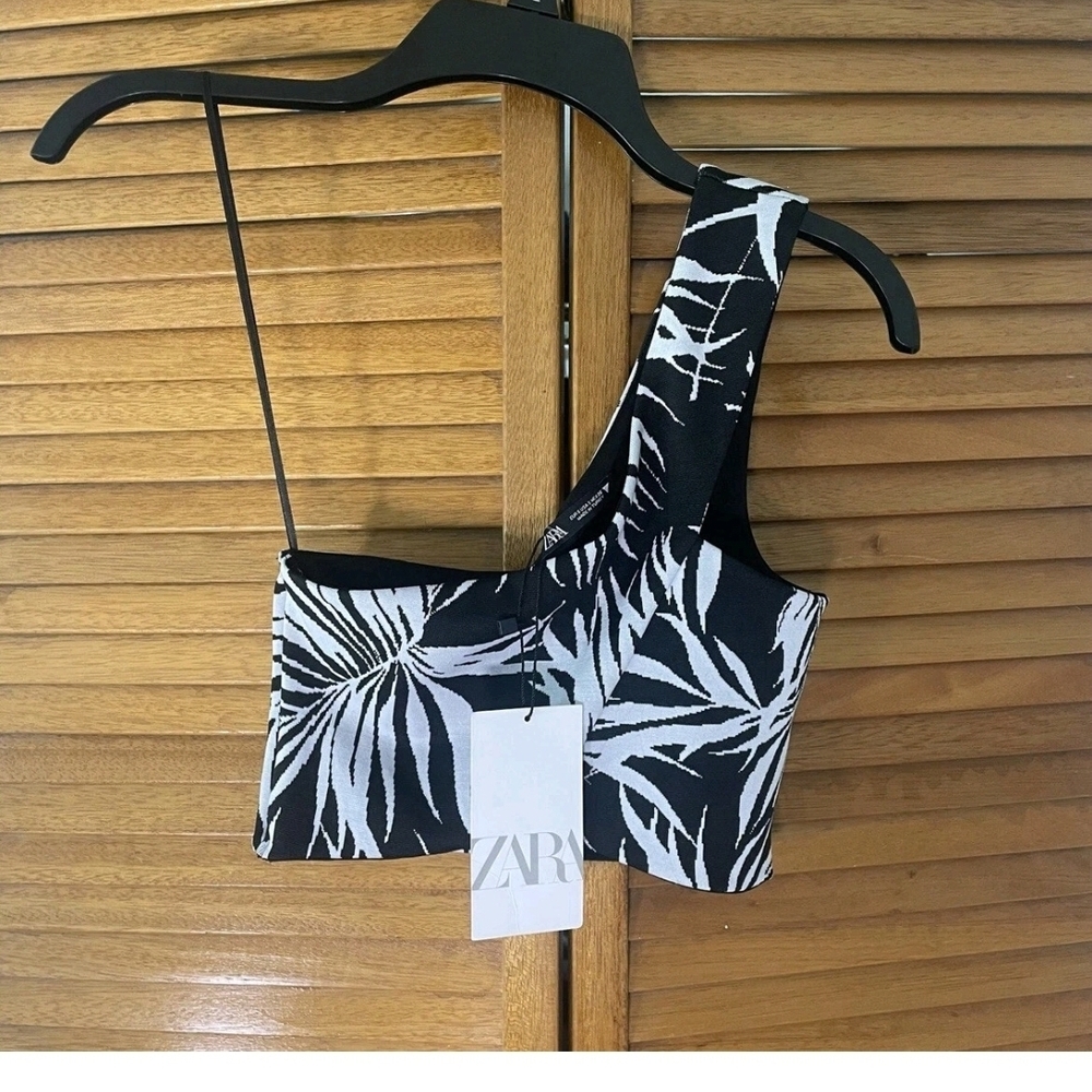 Zara One Shoulder Palm Print Jacquard Cross Over Crop Top L NWT
